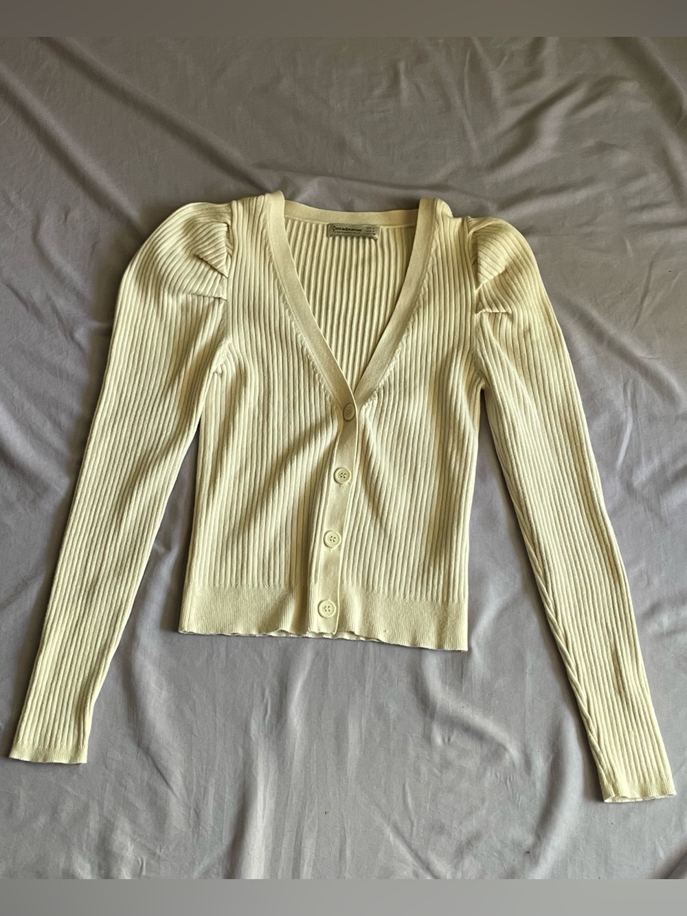 Stradivarius Cream Puff Sleeve Ribbed Knit Button Up Cardigan S